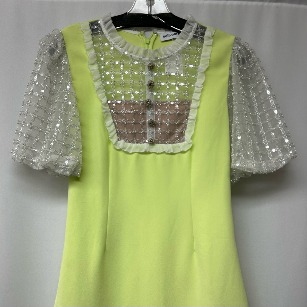 Self-Portrait Light Green Dress with Sheer Sleeves
